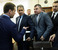 Председатель правительства России Дмитрий Медведев (слева), министр регионального развития РФ Олег Говорун, министр обороны РФ Анатолий Сердюков и губернатор Московской области Сергей Шойгу (справа налево) после совещания по вопросам передачи недвижимого имущества не используемых Минобороны России военных городков в собственность субъектов России. 2012 г.