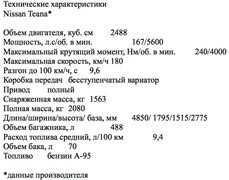 Технические характеристики Nissan Teana