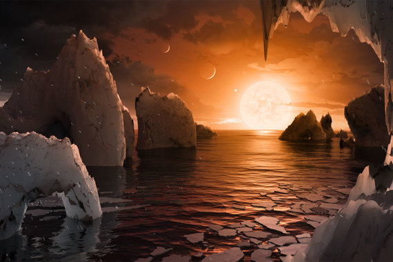 Иллюстрация, показывающая возможную поверхность TRAPPIST-1F, одной из недавно обнаруженных планет в системе TRAPPIST-1