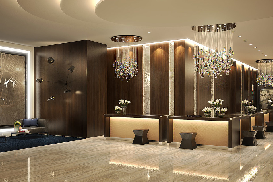 Лобби Hilton Saint Petersburg ExpoForum, первого отеля под брендом Hilton в Санкт-Петербурге
