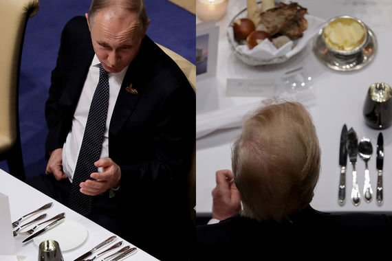 Владимир Путин (слева) и Дональд Трамп на двух фотографиях, сделанных во время ужина G20
