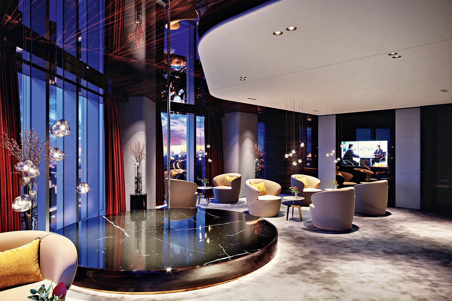 Интерьер лаунж-пространства: помещения отделаны мрамором, натуральной кожей и деревом