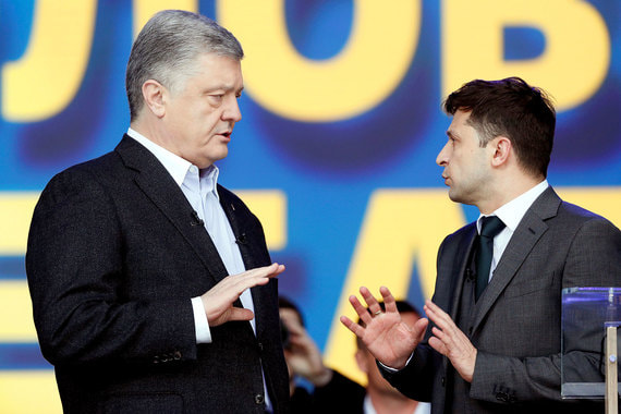 Петр Порошенко и Владимир Зеленский на стадионе «Олимпийский» в Киеве