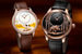 Jaquet Droz Petite Heure Minute Pig watchДве модели с циферблатами разного размера: 35-миллиметровый с отделкой из драгоценных камней (слева) и диаметром 39 мм. Изображение поросенка на фоне пшеничного поля у обеих моделей выполнено в технике миниатюрной росписи