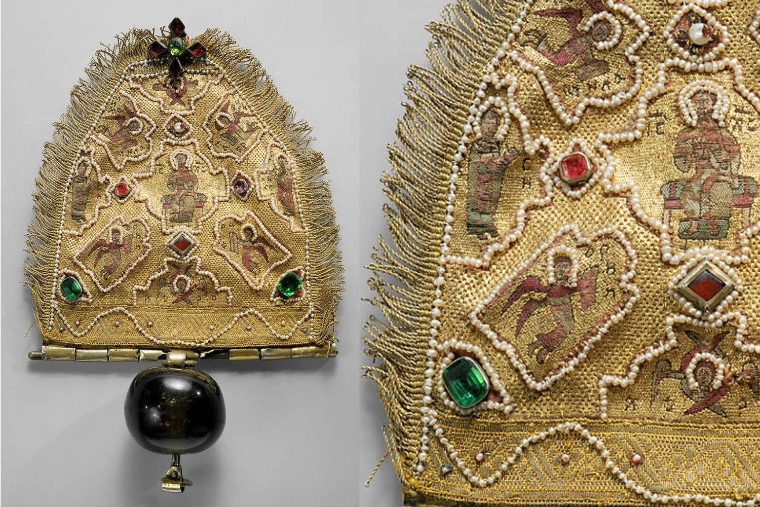 Мешочек венгерского короля Иштвана (Стефана), Древняя Русь, вторая половина 11 в. В. 15,5 см, Ш. 13,5 см. Шелк, лен, золотые нити, серебро, топаз, речной жемчуг, гранат. Застежка по нижнему краю – крупный топаз и крест из гранатов сверху – вероятно, дополнения 17 в.