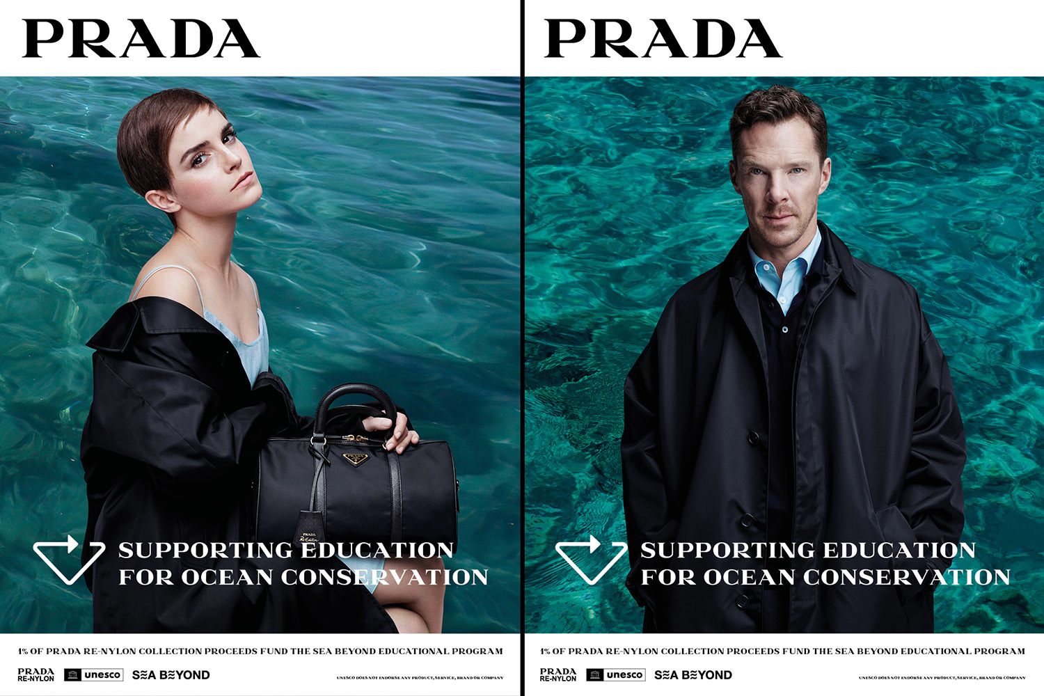 Кадры из рекламной кампании Prada&nbsp;Re-Nylon 2024 года с участием Эммы Уотсон и Бенедикта Камбербэтча