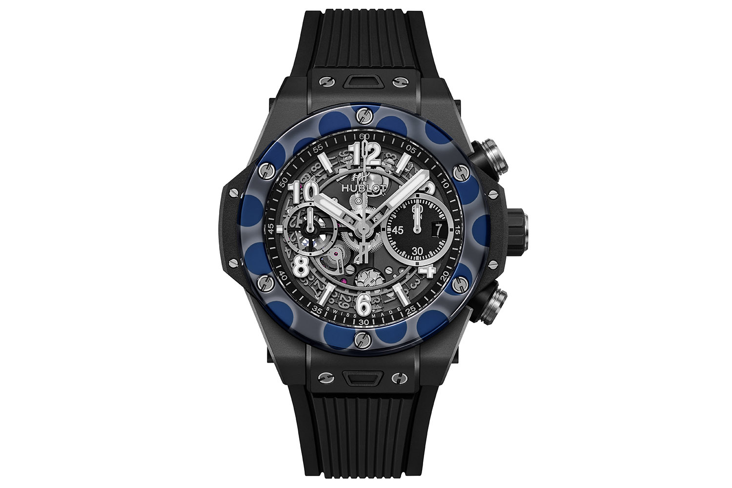 Часы с безелем из темно-серой керамики, декорированым ярко-синими кругами, серия Big Bang Unico Magic Ceramic