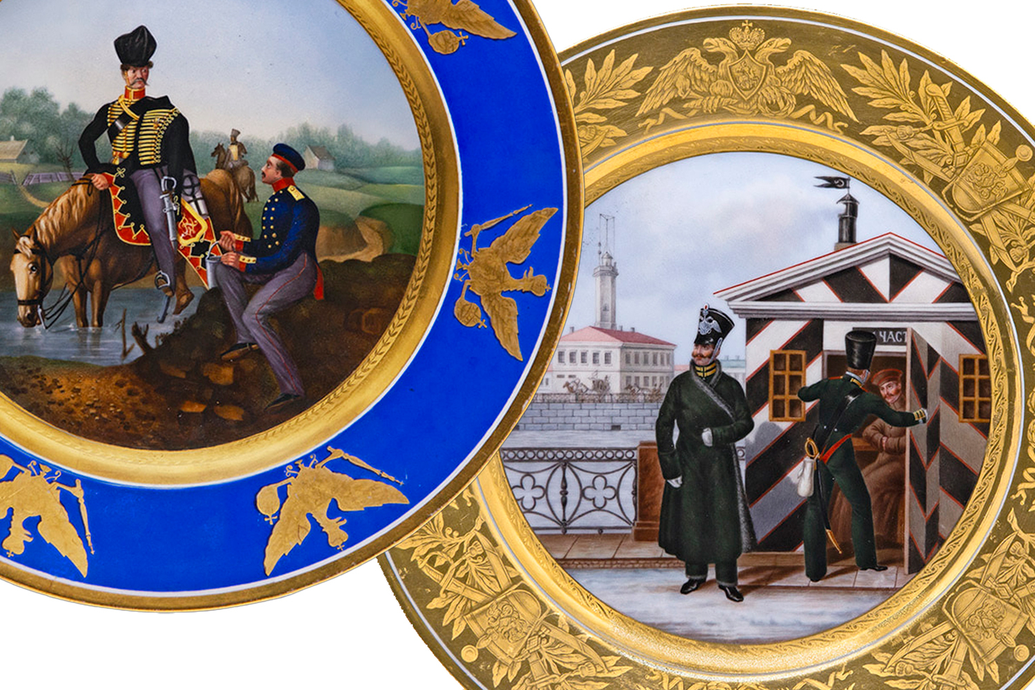 Тарелки&nbsp;с изображением нижних чинов Прусской королевской армии&nbsp;(слева) и нижних чинов гвардейских Инвалидных рот. Императорский фарфоровый завод, 1831 и 1835 гг.